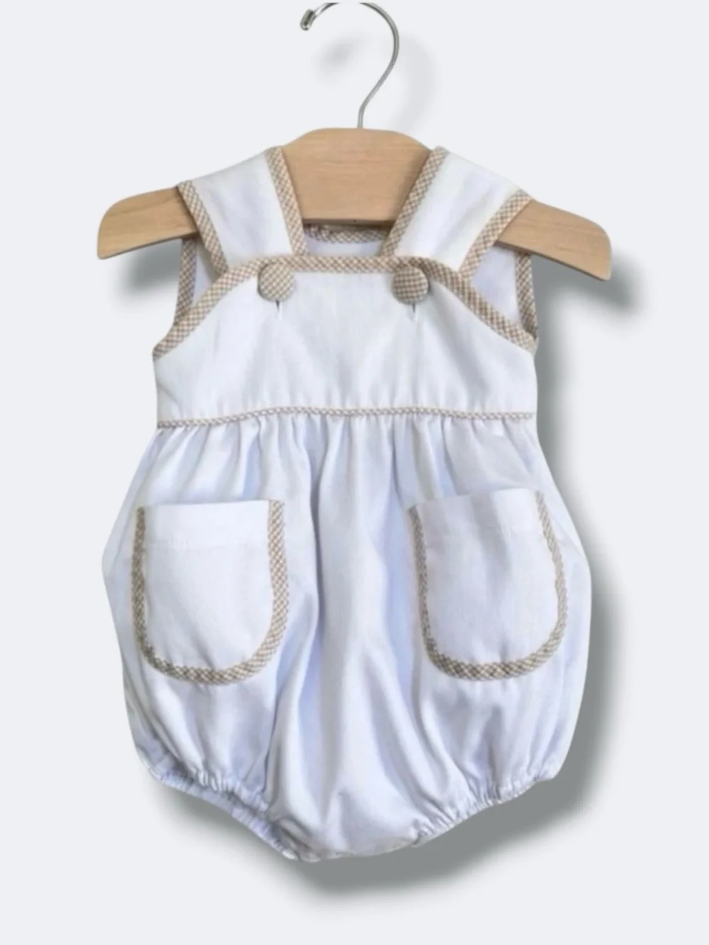 Shrimp & Grits Kids Romper Baby 3M White Gingham Trim Bubble Preppy Classic